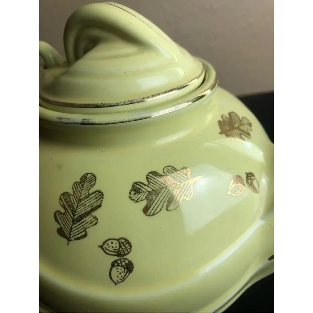 Retro Hall Teapot Canary Gold Label Parade Hook Yellow With Gold Oak Leaves 1950